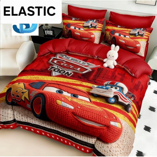 Lenjerie Pat Dublu 6 Piese Finet cu Cearșaf cu Elastic – Model Mașini de Curse Roșu, LCC-082 Lenjerii Pentru Copii cu Desene Animate - Finet 6 piese