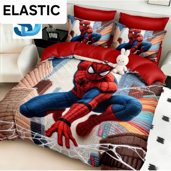 Lenjerie Pat Dublu 6 Piese Finet cu Cearșaf cu Elastic – Model Supererou Spider-Man, LCC-081 Lenjerii Pentru Copii cu Desene Animate - Finet 6 piese