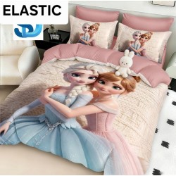Lenjerie Pat Dublu 6 Piese Finet cu Cearșaf cu Elastic – Model Prințese Elsa și Anna, LCC-080