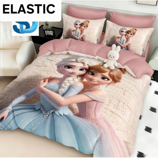 Lenjerie Pat Dublu 6 Piese Finet cu Cearșaf cu Elastic – Model Prințese Elsa și Anna, LCC-080 Lenjerii Pentru Copii cu Desene Animate - Finet 6 piese