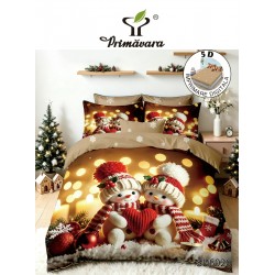 Set Lenjerie Pat Dublu Finet 6 Piese cu Cearșaf cu Elastic 5D – Model Crăciun cu Oameni de Zăpadă, LTC-003