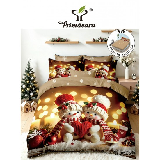 Set Lenjerie Pat Dublu Finet 6 Piese cu Cearșaf cu Elastic 5D – Model Crăciun cu Oameni de Zăpadă, LTC-003 Lenjerii tematica Craciun