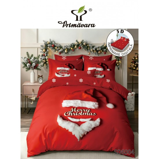 Set Lenjerie Pat Dublu Finet 6 Piese cu Cearșaf cu Elastic 5D – Model Crăciun Roșu cu Moș Crăciun, LTC-008 Lenjerii tematica Craciun