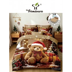 Set Lenjerie Pat Dublu Finet 6 Piese cu Cearșaf cu Elastic 5D – Model Crăciun cu Ursuleț și Cadouri, LTC-009
