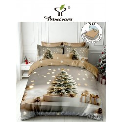 Set Lenjerie Pat Dublu Finet 6 Piese cu Cearșaf cu Elastic 5D – Model Crăciun Elegant cu Brad Auriu, LTC-014