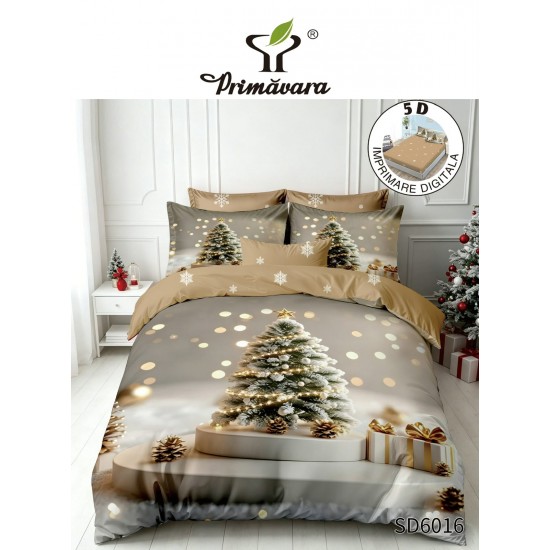 Set Lenjerie Pat Dublu Finet 6 Piese cu Cearșaf cu Elastic 5D – Model Crăciun Elegant cu Brad Auriu, LTC-014 Lenjerii tematica Craciun
