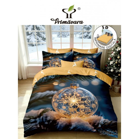 Set Lenjerie Pat Dublu Finet 6 Piese cu Cearșaf cu Elastic 5D – Model Glob de Crăciun Auriu, LTC-022 Lenjerii tematica Craciun
