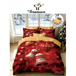 Set Lenjerie Pat Dublu Finet 6 Piese cu Cearșaf cu Elastic 5D – Model Crăciun cu Clopoței și Inimă, LTC-023