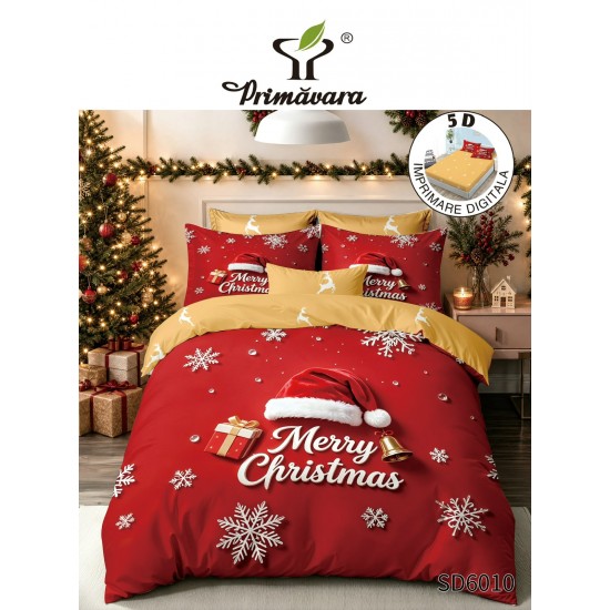 Set Lenjerie Pat Dublu Finet 6 Piese cu Cearșaf cu Elastic 5D – Model Crăciun Merry Christmas Roșu, LTC-024 Lenjerii tematica Craciun