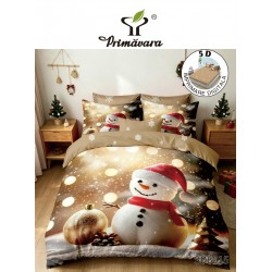 Set Lenjerie Pat Dublu Finet 6 Piese cu Cearșaf cu Elastic 5D – Model Crăciun cu Om de Zăpadă, LTC-025