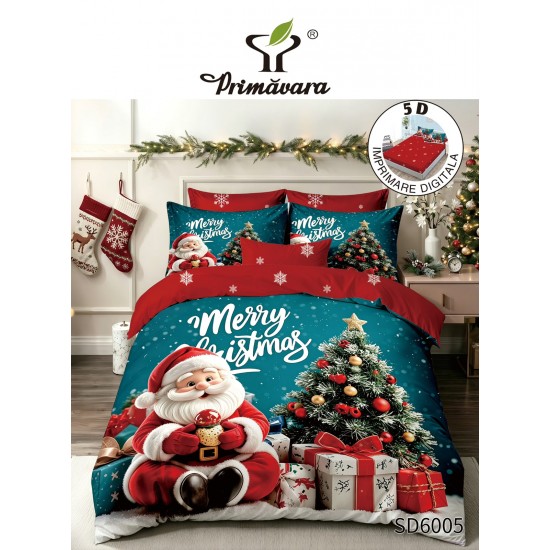 Set Lenjerie Pat Dublu Finet 6 Piese cu Cearșaf cu Elastic 5D – Model Crăciun cu Moș Crăciun și Brad, LTC-028 Lenjerii tematica Craciun