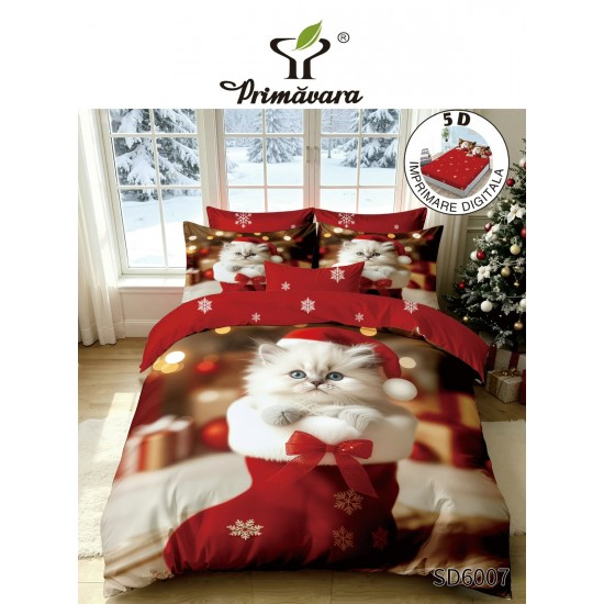 Set Lenjerie Pat Dublu Finet 6 Piese cu Cearșaf cu Elastic 5D – Model Crăciun cu Pisicuță în Cizmuliță, LTC-029 Lenjerii tematica Craciun