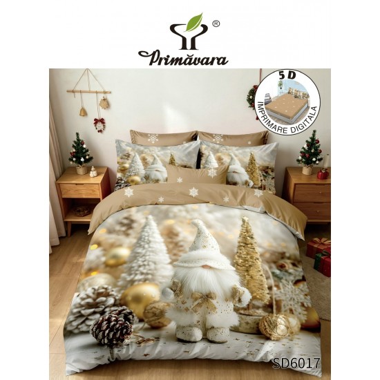 Set Lenjerie Pat Dublu Finet 6 Piese cu Cearșaf cu Elastic 5D – Model Crăciun Spiriduș Alb-Auriu, LTC-031 Lenjerii tematica Craciun