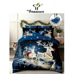 Set Lenjerie Pat Dublu Finet 6 Piese cu Cearșaf cu Elastic 5D – Model Crăciun cu Renii lui Moș Crăciun, LTC-033