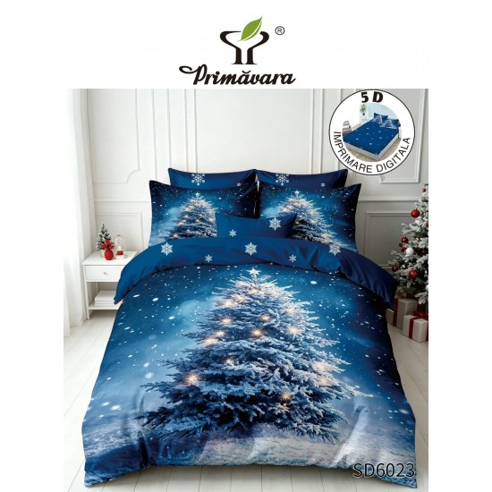 Set Lenjerie Pat Dublu Finet 6 Piese cu Cearșaf cu Elastic 5D – Model Brad de Crăciun Albastru, LTC-034 Lenjerii tematica Craciun