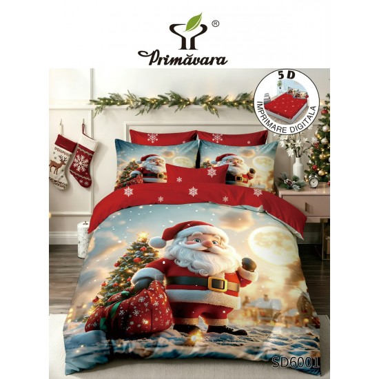 Set Lenjerie Pat Dublu Finet 6 Piese cu Cearșaf cu Elastic 5D – Model Moș Crăciun cu Brad și Cadouri, LTC-037 Lenjerii tematica Craciun
