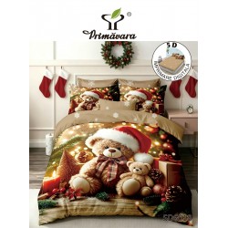 Set Lenjerie Pat Dublu Finet 6 Piese cu Cearșaf cu Elastic 5D – Model Ursuleți de Crăciun, LTC-038