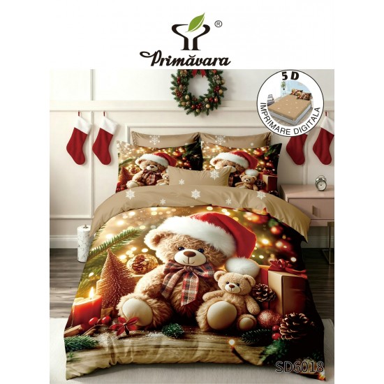Set Lenjerie Pat Dublu Finet 6 Piese cu Cearșaf cu Elastic 5D – Model Ursuleți de Crăciun, LTC-038 Lenjerii tematica Craciun
