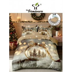 Set Lenjerie Pat Dublu Finet 6 Piese cu Cearșaf cu Elastic 5D – Model Glob de Crăciun Auriu, LTC-043