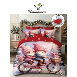 Set Lenjerie Pat Dublu Finet 6 Piese cu Cearșaf cu Elastic 5D – Model Crăciun cu Spiriduși pe Bicicletă, LTC-044