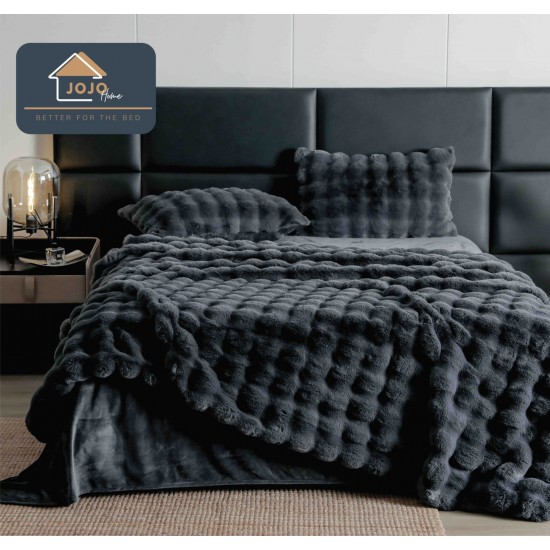 Lenjerie de Pat Luxury Extra Pufoasă din Blăniță Artificială Tip Iepure, 6 Piese – Gri Antracit, LCE-024 Lenjerii Blanita Iepure