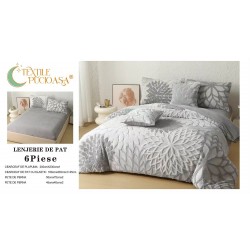 Lenjerie de Pat Cocolino cu Model în Relief, 6 Piese, Cearșaf cu Elastic – Gri, LEC-015