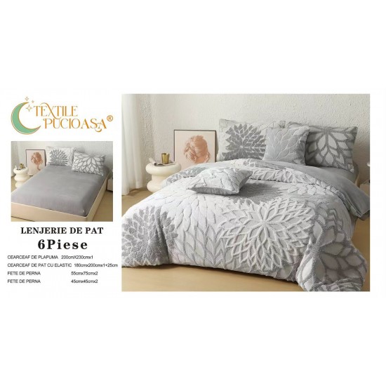 Lenjerie de Pat Cocolino cu Model în Relief, 6 Piese, Cearșaf cu Elastic – Gri, LEC-015 Lenjerii Cocolino 4 piese cu ELASTIC