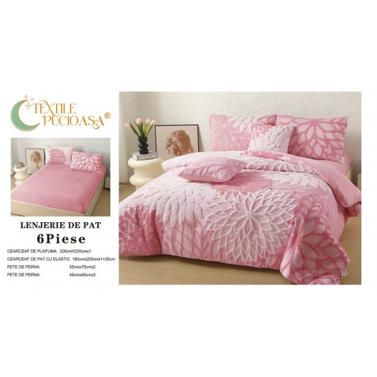 Lenjerie de Pat Cocolino cu Model în Relief, 6 Piese, Cearșaf cu Elastic – Roz, LEC-016 Lenjerii Cocolino 4 piese cu ELASTIC