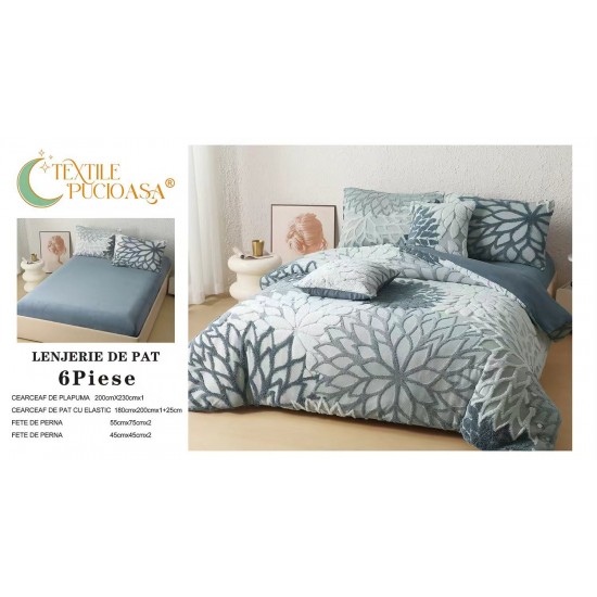 Lenjerie de Pat Cocolino cu Model în Relief, 6 Piese, Cearșaf cu Elastic - Albastru Gri,  LEC-048 Lenjerii Cocolino 4 piese cu ELASTIC