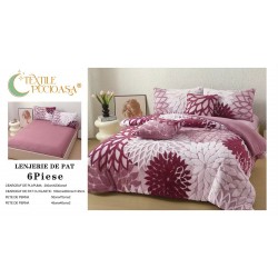 Lenjerie de Pat Cocolino cu Model în Relief, 6 Piese, Cearșaf cu Elastic - Roz - Bordo,  LEC-058