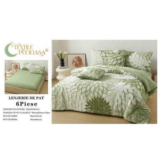 Lenjerie de Pat Cocolino cu Model în Relief, 6 Piese, Cearșaf cu Elastic - Verde Deschis,  LEC-156 Lenjerii Cocolino 4 piese cu ELASTIC