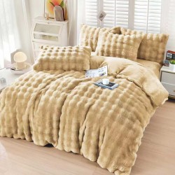 Lenjerie de Pat Dublu Super Pufoasă 4 Piese din Blăniță Artificială de Iepure cu Cearșaf cu Elastic – Bej, LCE-037