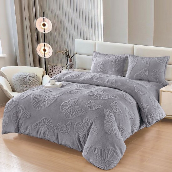 Set Lenjerie Pufoasa Cocolino cu Elastic, 4 Piese, Pat dublu, cu Imprimeu in Relief, Fluturi 3D, Gri deschis LEC-141 Lenjerii Cocolino 4 piese cu ELASTIC