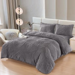 Set Lenjerie Pufoasa Cocolino cu Elastic, 4 Piese, Pat 2 Persoane, cu Imprimeu in Relief, Fluturi 3D, Gri, LEC-079