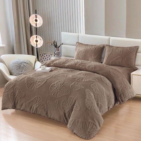 Set Lenjerie Pufoasa Cocolino cu Elastic, 4 Piese, Pat 2 Persoane, cu Imprimeu in Relief, Fluturi 3D, Maro, LEC-077 Lenjerii Cocolino 4 piese cu ELASTIC