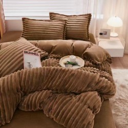 Set Lenjerie Pufoasă Cocolino cu Elastic 4 Piese, Pat Dublu, Maro, Model Dungi Reliefati, LEC-165