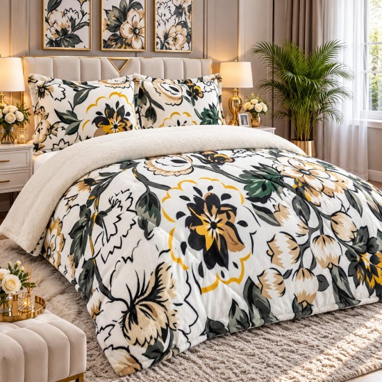Pilotă Cocolino cu Blăniță 200×230 cm + 2 Fețe de Pernă 50×70 cm – Model Floral Elegant, PDC-055 Pilote Iarna cu Blana