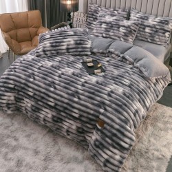 Lenjerie de Pat Premium JOJO Home, 4 Piese, Blăniță Artificială Tip Iepure, Cearșaf cu Elastic – Gri, LJH-001