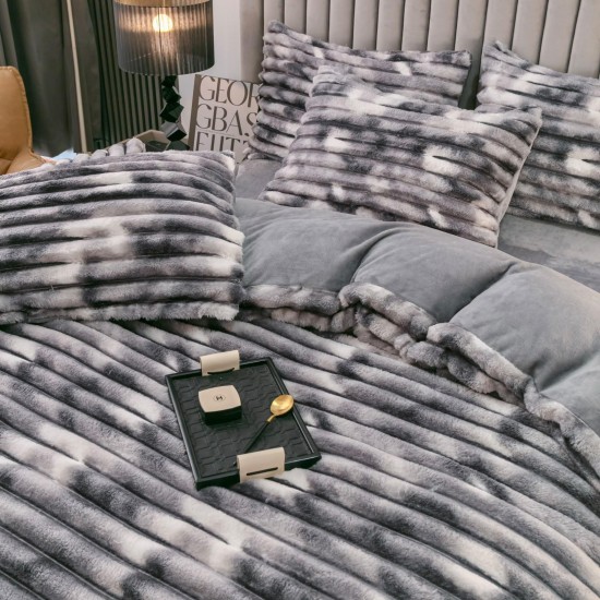 Lenjerie de Pat Premium JOJO Home, 4 Piese, Blăniță Artificială Tip Iepure, Cearșaf cu Elastic – Gri, LJH-001 Lenjerii Blanita Iepure