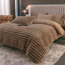 Lenjerie de Pat Premium JOJO Home, 4 Piese, Blăniță Artificială Tip Iepure, Cearșaf cu Elastic – Cappuccino, LJH-002