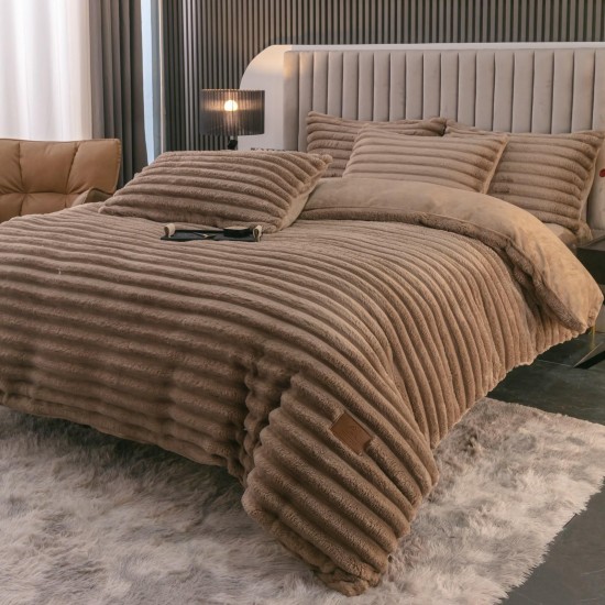 Lenjerie de Pat Premium JOJO Home, 4 Piese, Blăniță Artificială Tip Iepure, Cearșaf cu Elastic – Cappuccino, LJH-002 Lenjerii Blanita Iepure