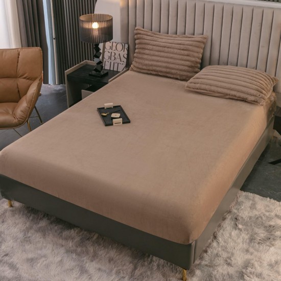 Lenjerie de Pat Premium JOJO Home, 4 Piese, Blăniță Artificială Tip Iepure, Cearșaf cu Elastic – Cappuccino, LJH-002 Lenjerii Blanita Iepure