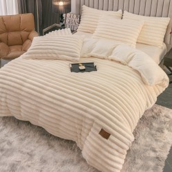 Lenjerie de Pat Premium JOJO Home, 4 Piese, Blăniță Artificială Tip Iepure, Cearșaf cu Elastic – Crem, LJH-003