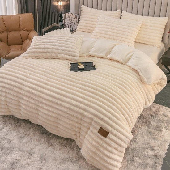 Lenjerie de Pat Premium JOJO Home, 4 Piese, Blăniță Artificială Tip Iepure, Cearșaf cu Elastic – Crem, LJH-003 Lenjerii Blanita Iepure