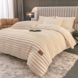 Lenjerie de Pat Premium JOJO Home, 4 Piese, Blăniță Artificială Tip Iepure, Cearșaf cu Elastic – Crem, LJH-003