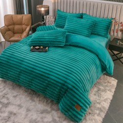 Lenjerie de Pat Premium JOJO Home, 4 Piese, Blăniță Artificială Tip Iepure, Cearșaf cu Elastic – Turcoaz, LJH-004