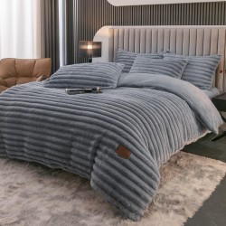 Lenjerie de Pat Premium JOJO Home, 4 Piese, Blăniță Artificială Tip Iepure, Cearșaf cu Elastic – Gri Inchis, LJH-005
