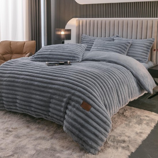 Lenjerie de Pat Premium JOJO Home, 4 Piese, Blăniță Artificială Tip Iepure, Cearșaf cu Elastic – Gri Inchis, LJH-005 Lenjerii Blanita Iepure