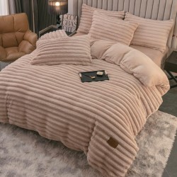 Lenjerie de Pat Premium JOJO Home, 4 Piese, Blăniță Artificială Tip Iepure, Cearșaf cu Elastic – Bej, LJH-006
