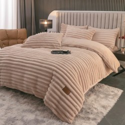 Lenjerie de Pat Premium JOJO Home, 4 Piese, Blăniță Artificială Tip Iepure, Cearșaf cu Elastic – Bej, LJH-006